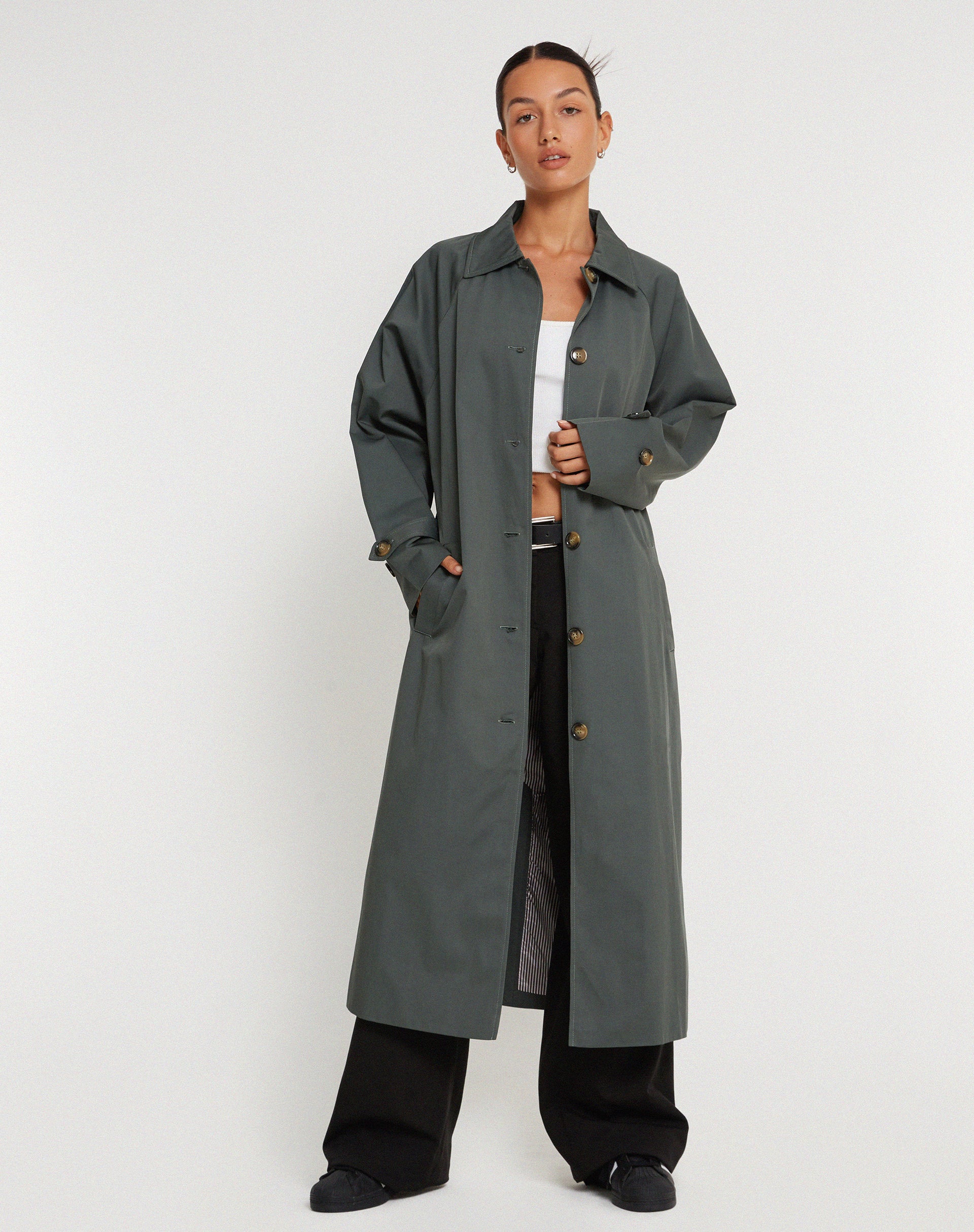 Assa Trench Coat in Light Charcoal with Stripe Lining - Image 2