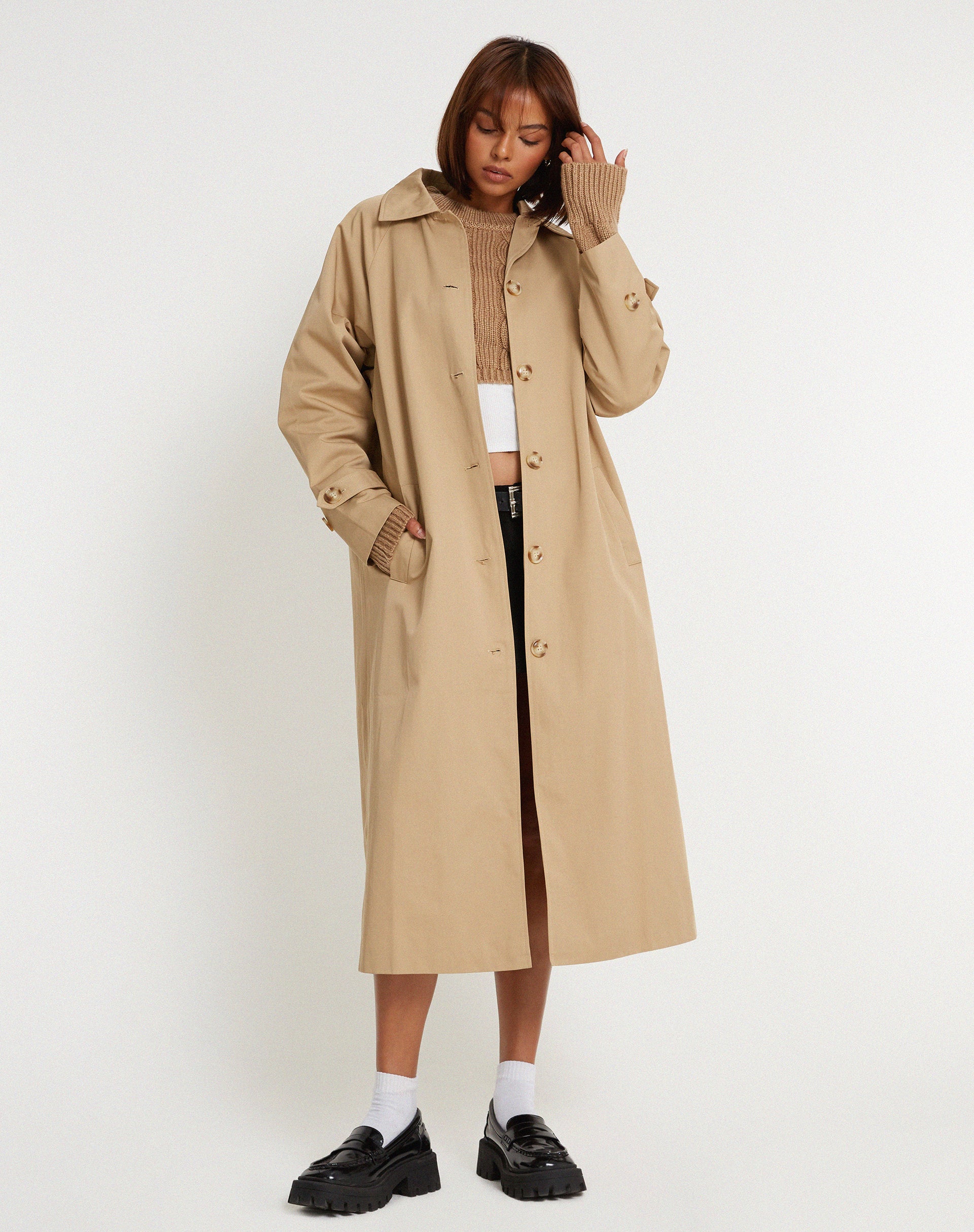 Assa Trench Coat in Tan with Stripe Lining - Image 2