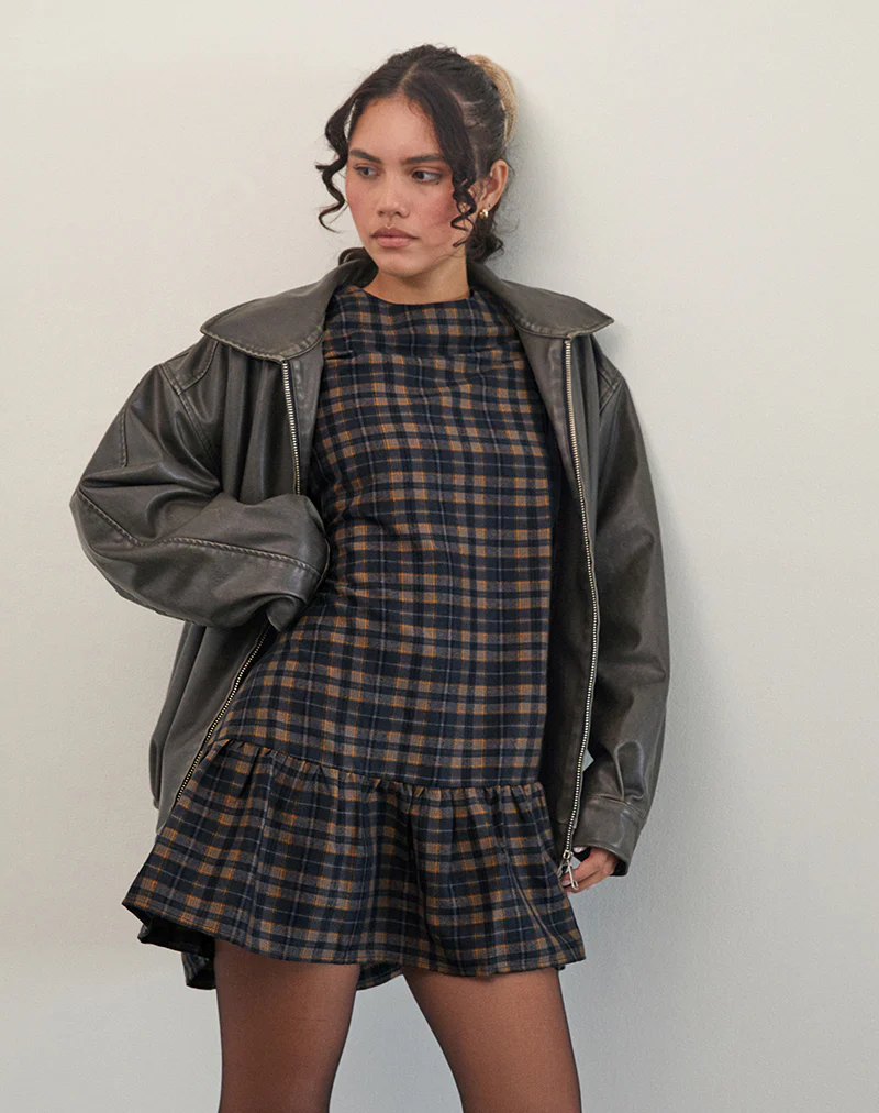 Asterin Mini Smock Dress in Navy Mustard Check - Image 5