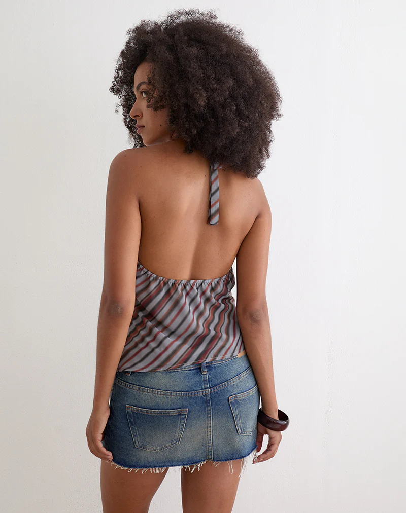 Astina Halterneck Top in Chiffon Grey and Maroon Diagonal Stripe - Image 5