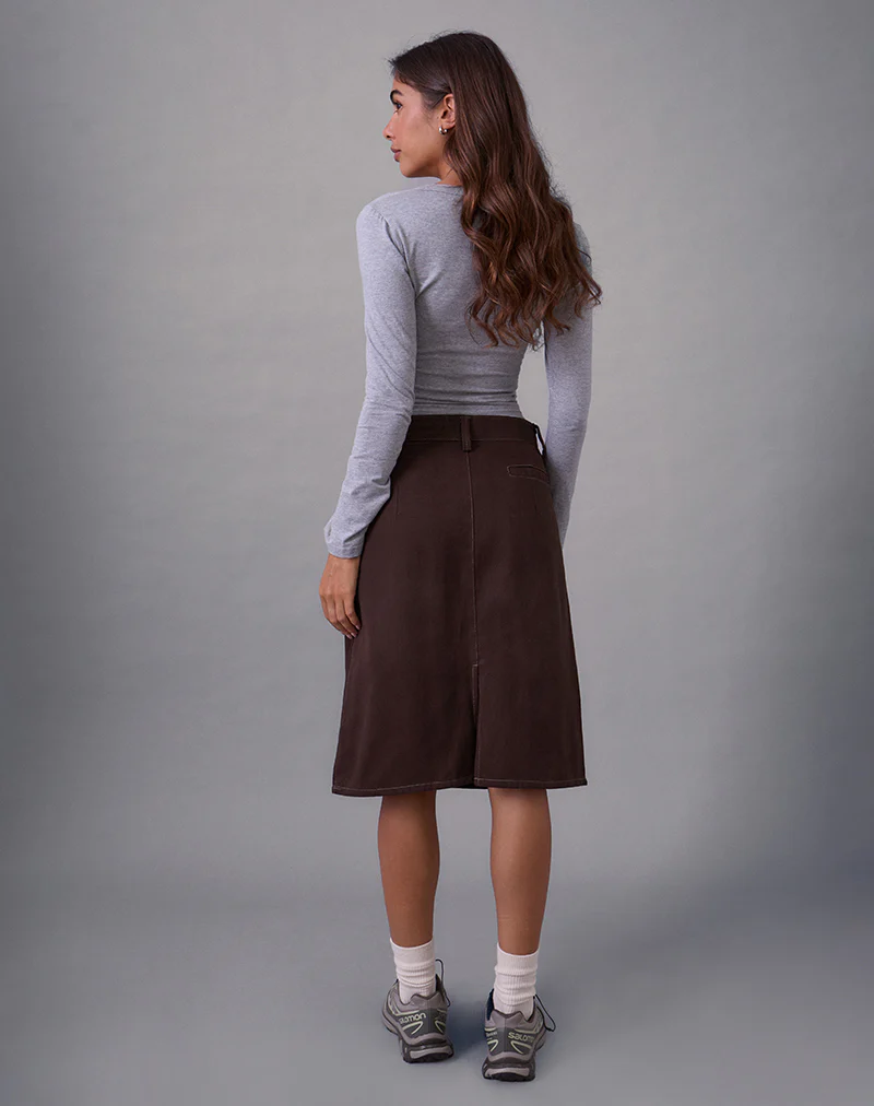 Astor Midi Skirt in Brown with Contrast Stitch - Image 4