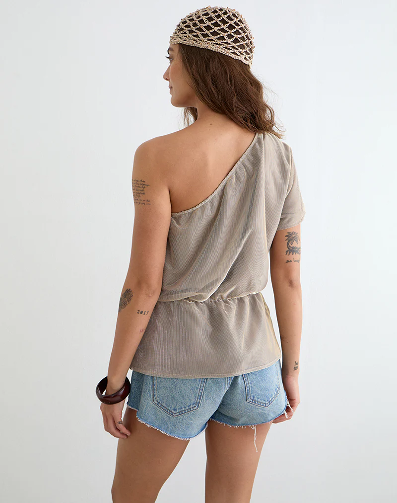 Astria One Shoulder Tie Belt Top in Gold Plisse - Image 4