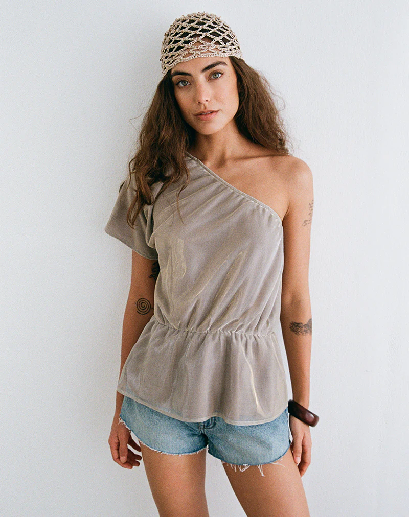 Astria One Shoulder Tie Belt Top in Gold Plisse - Image 5