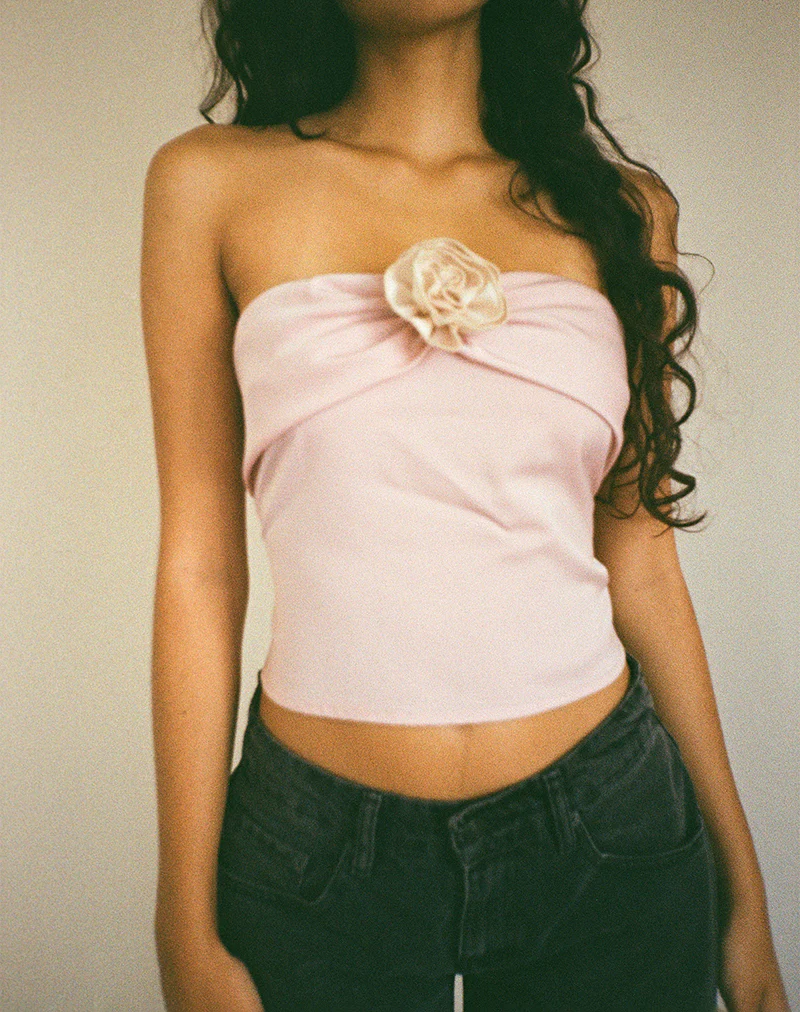 Astrum Satin Bandeau Top in Pink with Ivory Rose - Image 3