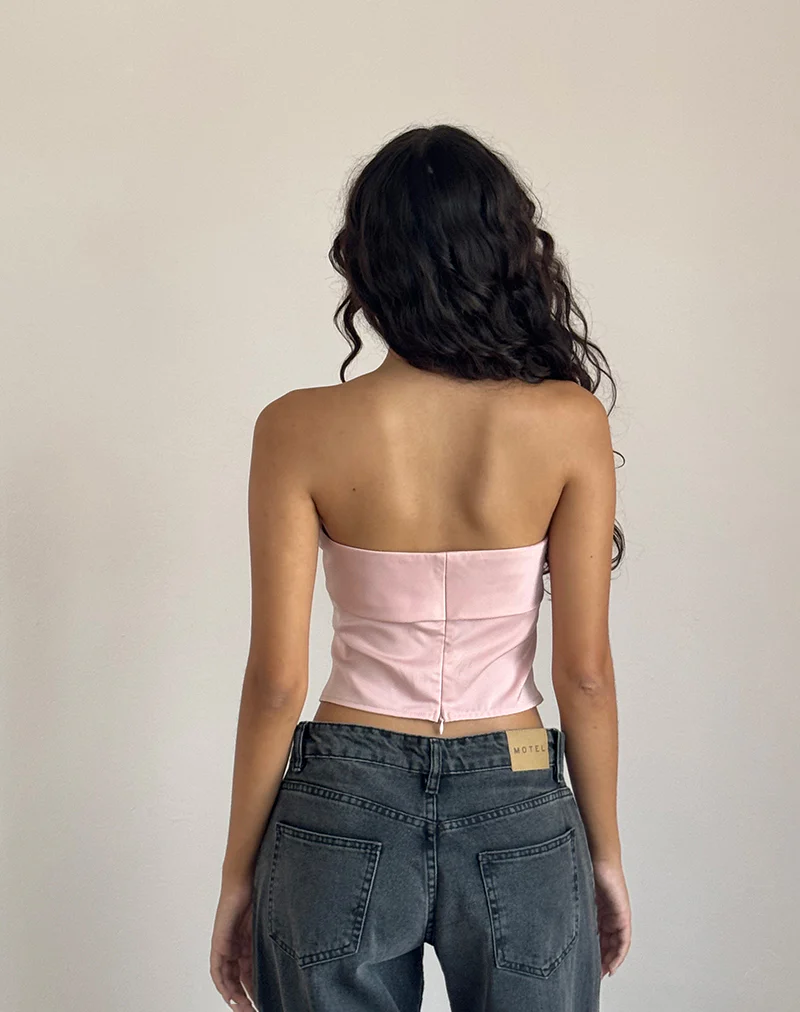 Astrum Satin Bandeau Top in Pink with Ivory Rose - Image 4