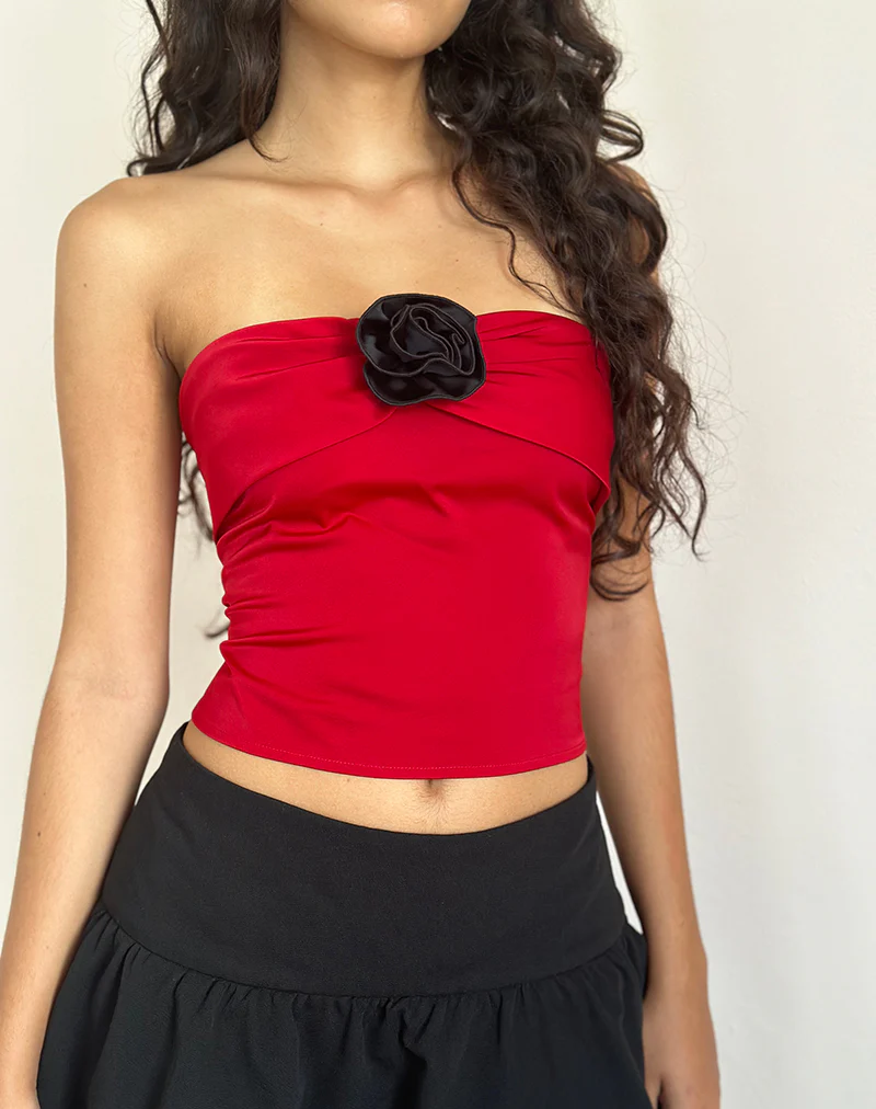 Astrum Satin Bandeau Top in Red with Black Rose - Image 2