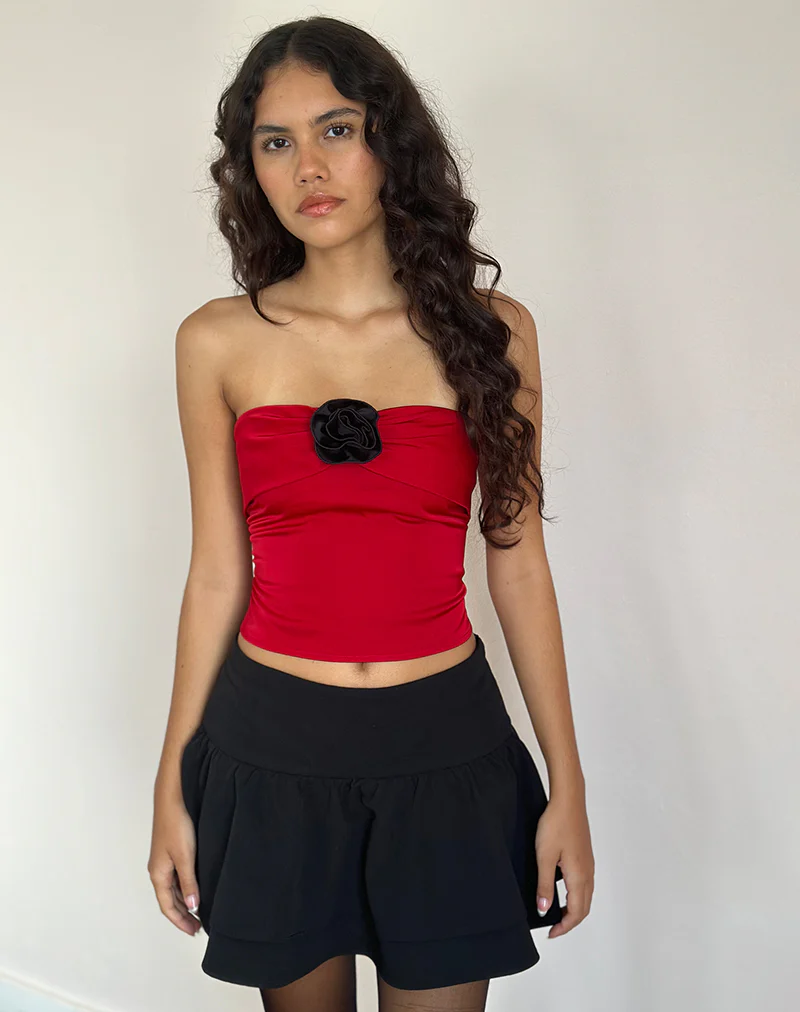 Astrum Satin Bandeau Top in Red with Black Rose - Image 4