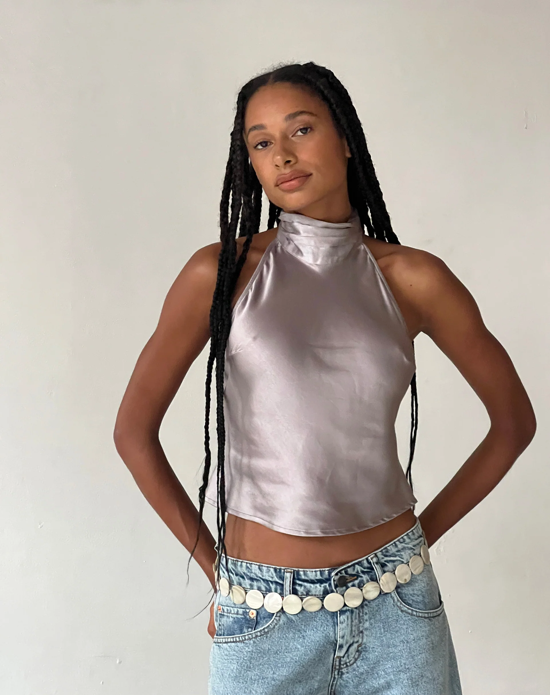 MOTEL X JACQUIE Ataina Halterneck Top in Satin Silver - Image 2