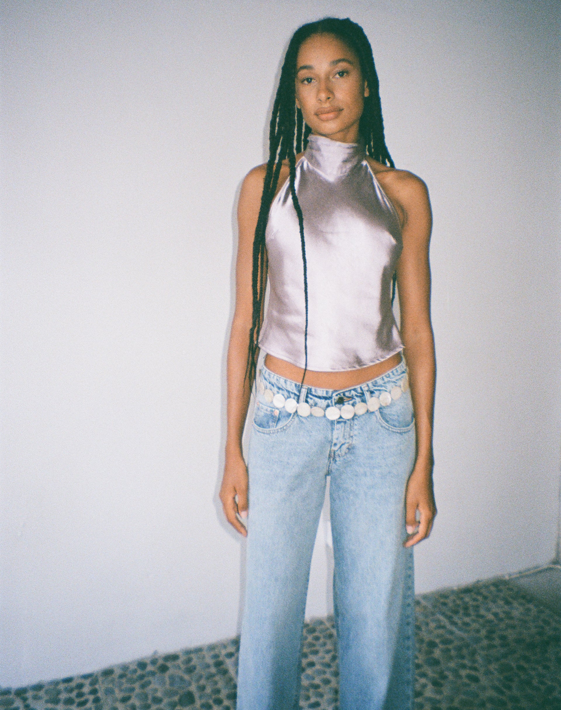 MOTEL X JACQUIE Ataina Halterneck Top in Satin Silver - Image 3