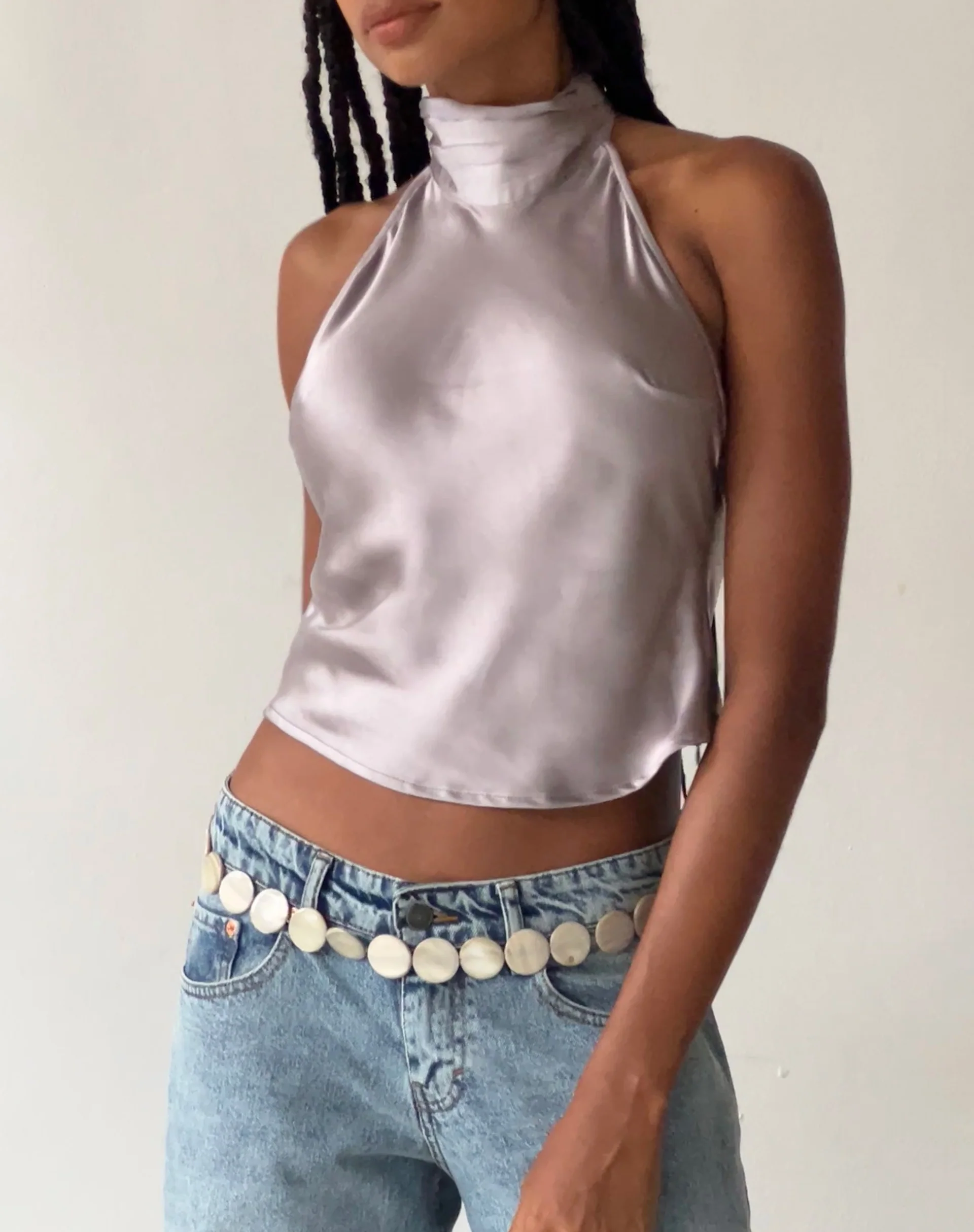 MOTEL X JACQUIE Ataina Halterneck Top in Satin Silver - Image 5