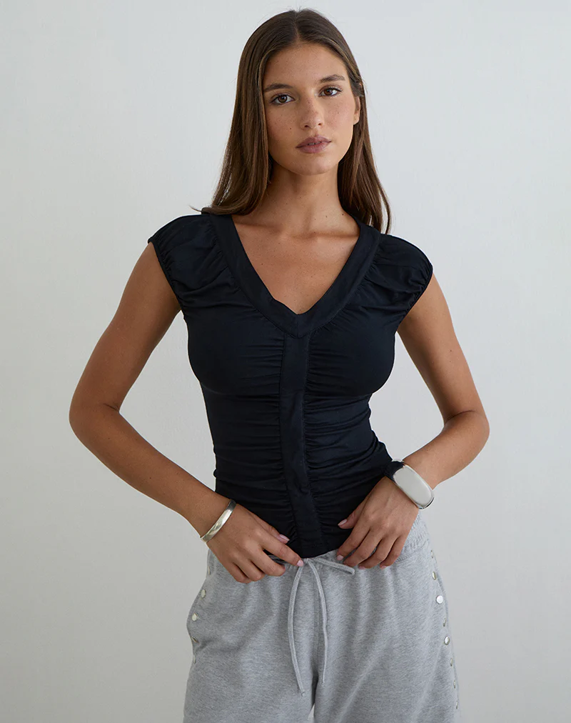 Atheia Gathered V-Neck Top in Rayon Jersey Black - Image 2