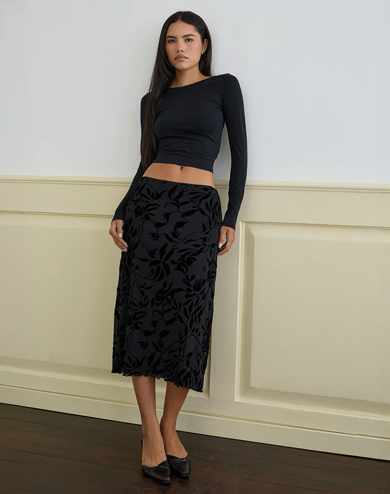 Atira Midi Skirt in Flock Leaf Flower Black - Image 2