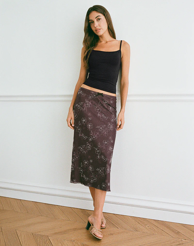 Atira Midi Skirt in Doodle Flower Flock Brown - Image 3