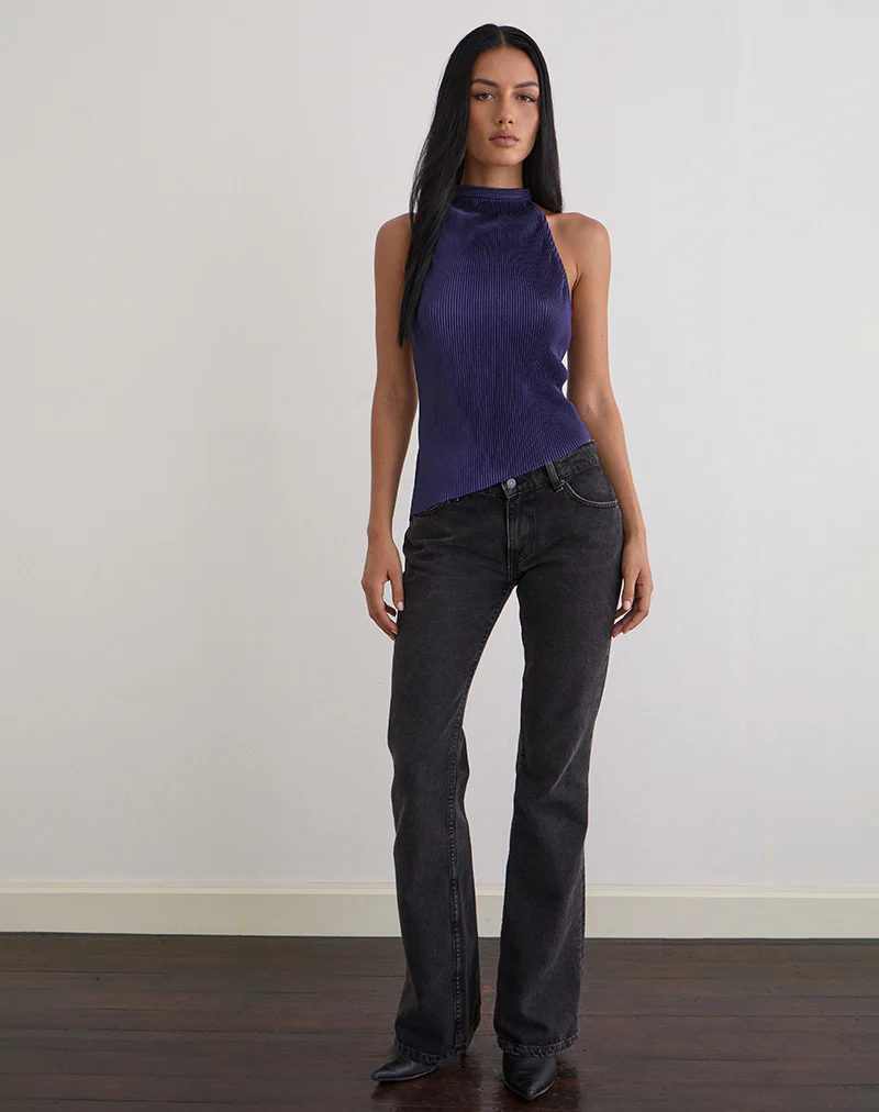 Atsila High Neck Sleeveless Top in Plisse Navy - Image 3