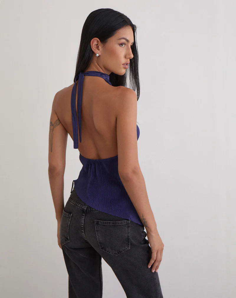 Atsila High Neck Sleeveless Top in Plisse Navy - Image 4