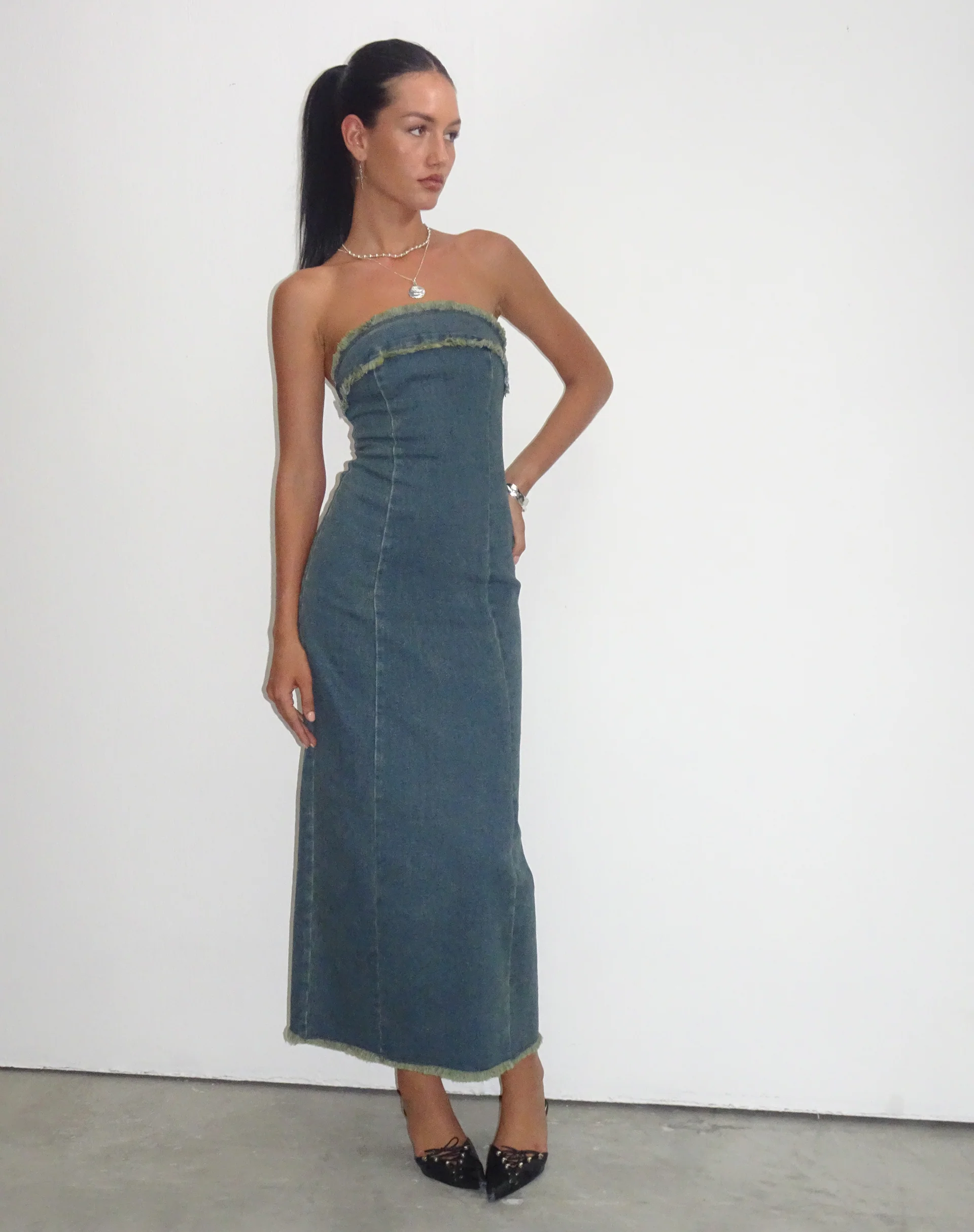 Atun Denim Bandeau Maxi Dress in Brown Blue Acid Wash - Image 6