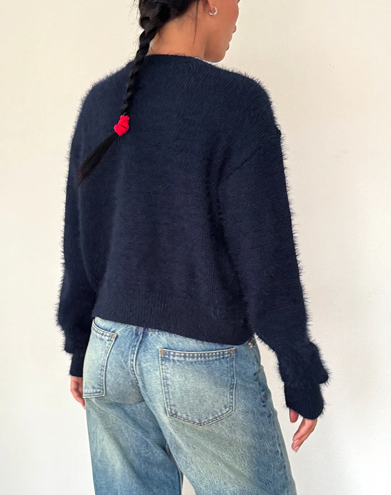 Audrina Cardigan In Fluffy Knit Navy - Image 3