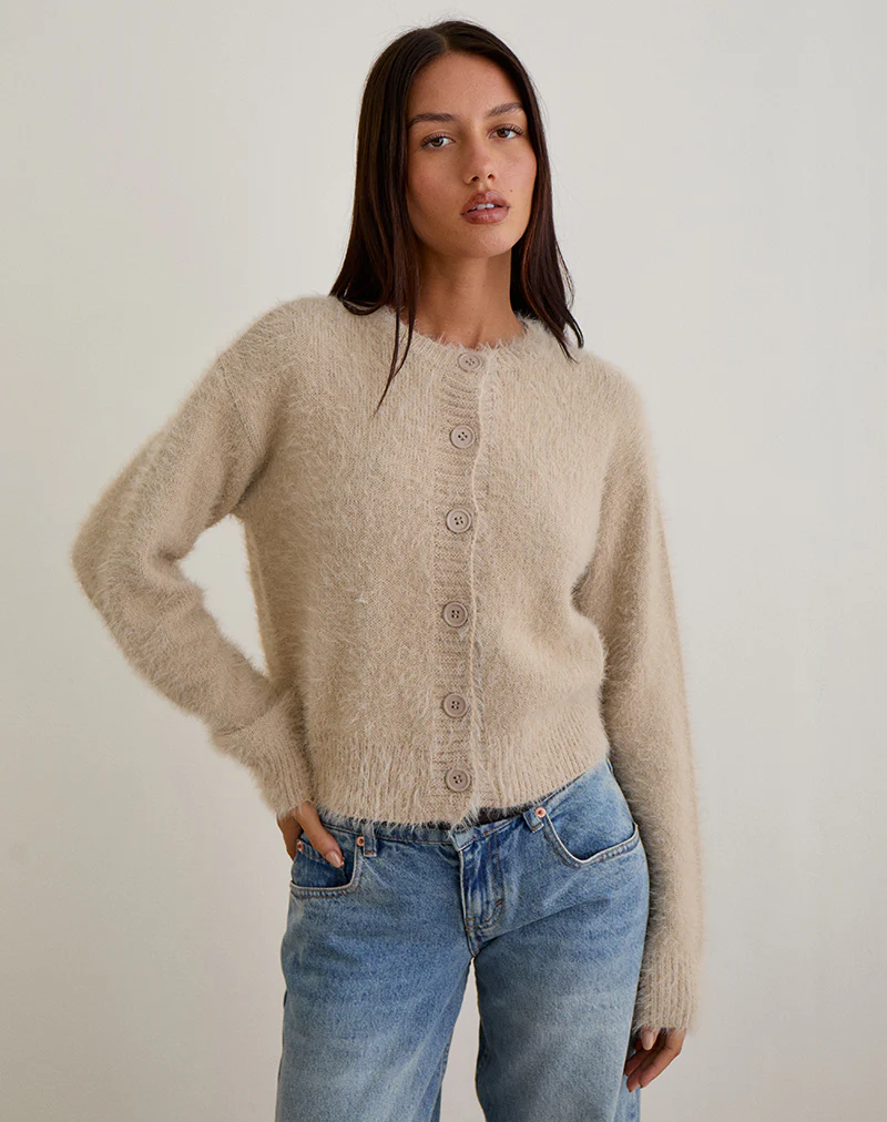 Audrina Cardigan in Fluffy Knit Beige - Image 2