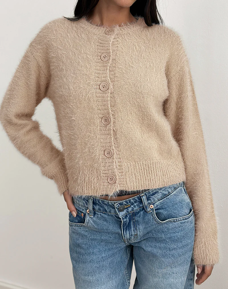 Audrina Cardigan in Fluffy Knit Beige - Image 4