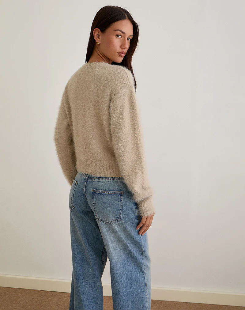 Audrina Cardigan in Fluffy Knit Beige - Image 5