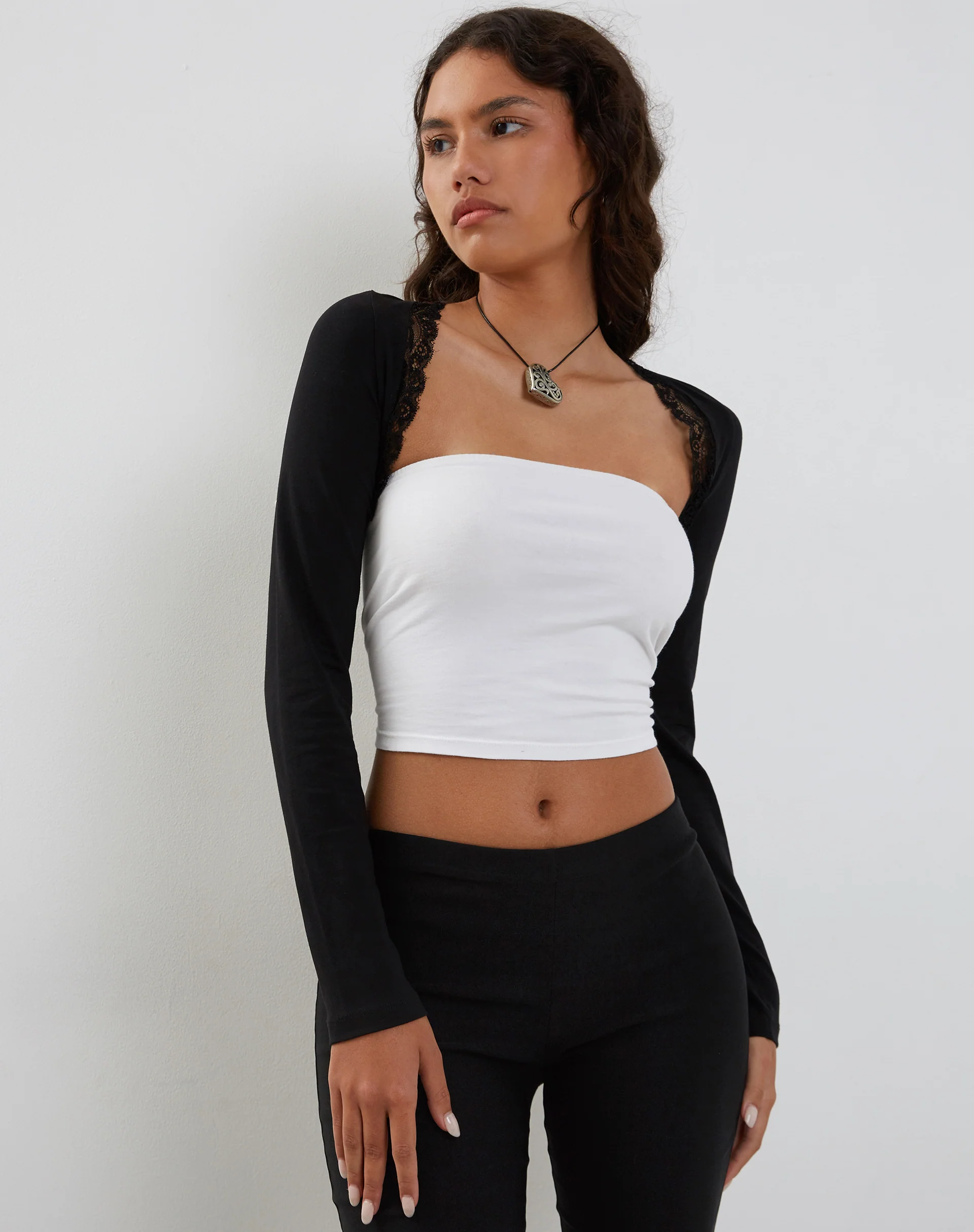 Avya Lace Trim Shrug Top in Lycra Lace Black - Image 3