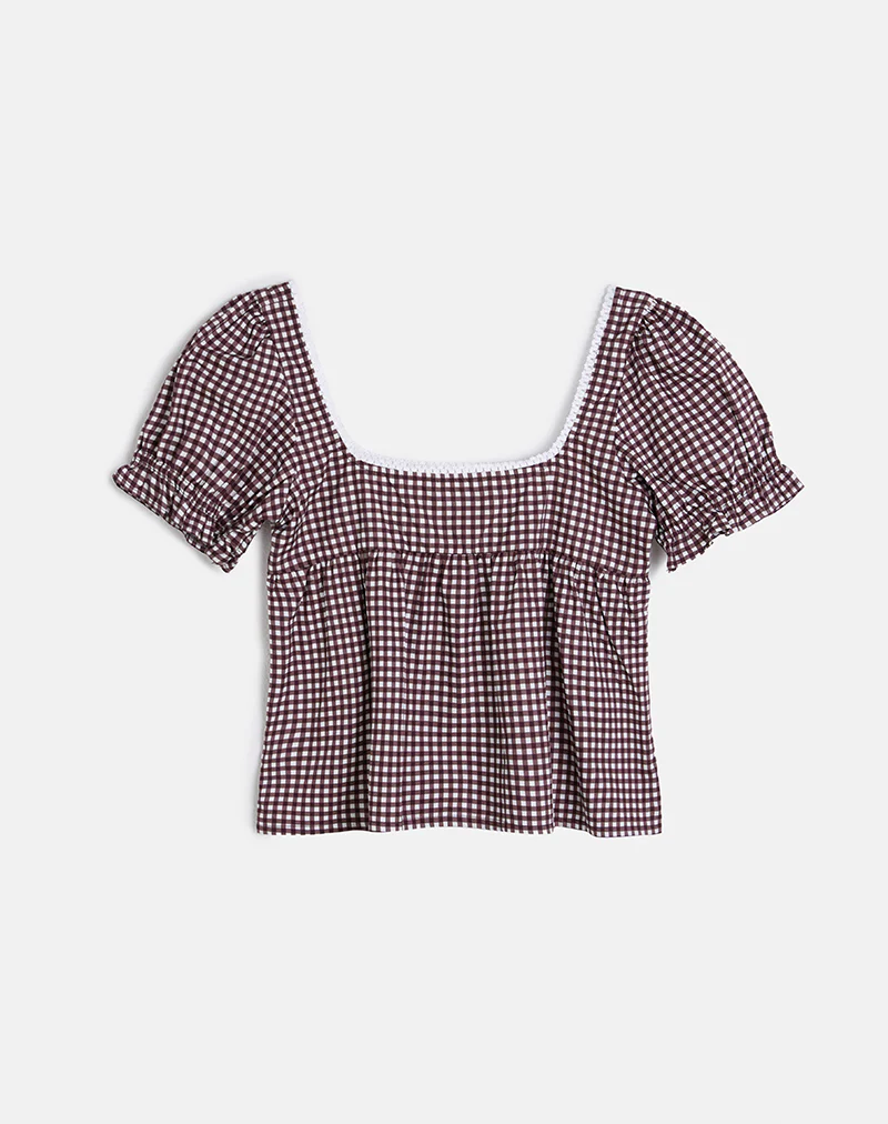 Axoni Square Neck Blouse in Mini Gingham Wine - Image 2