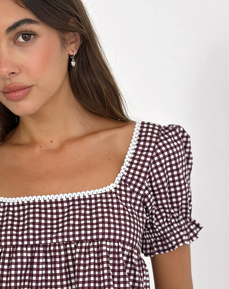 Axoni Square Neck Blouse in Mini Gingham Wine - Image 3