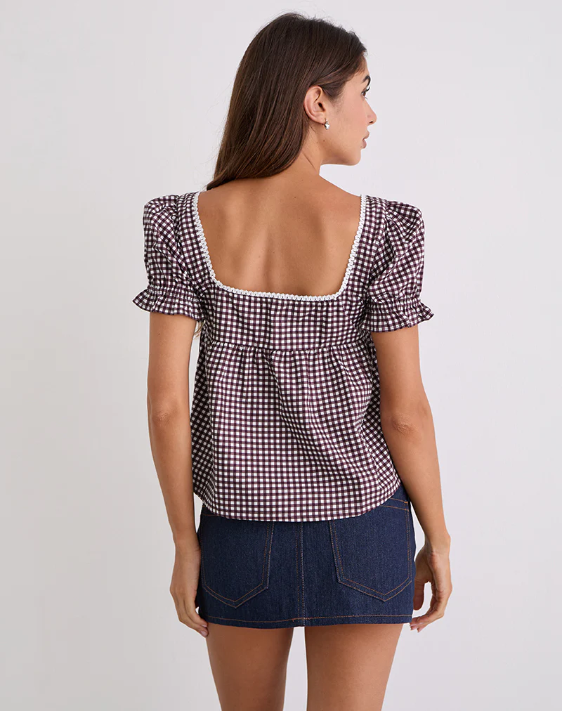 Axoni Square Neck Blouse in Mini Gingham Wine - Image 6