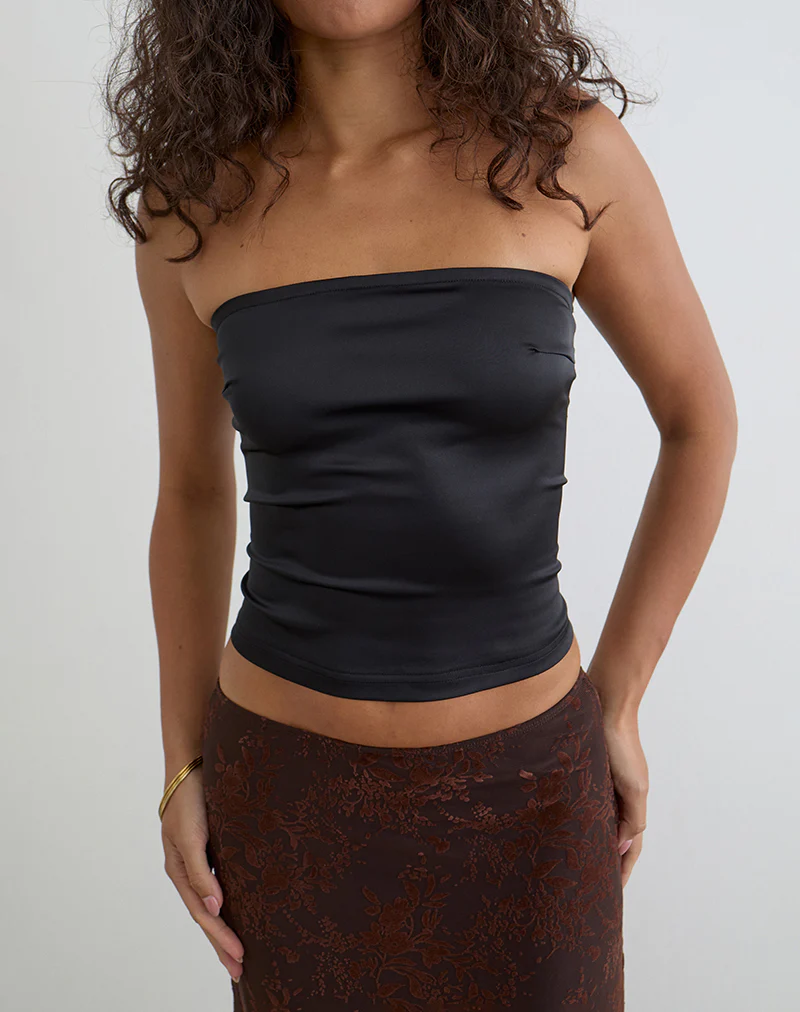Ayaka Lace Up Corset Top in Satin Black - Image 3