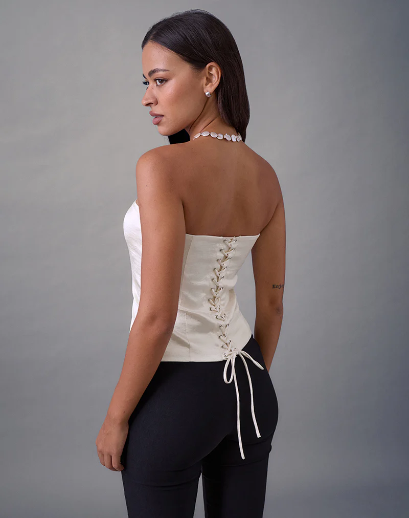 Ayaka Lace Up Corset Top in Satin Jacquard Ivory - Image 2