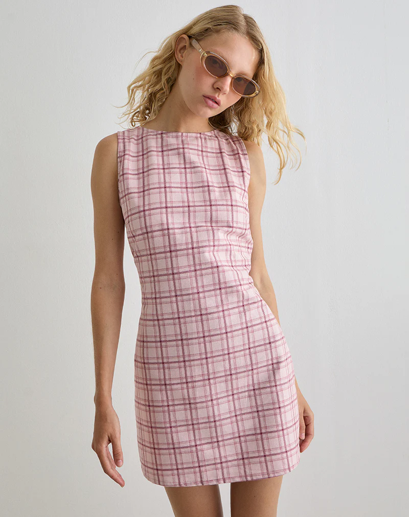 Ayana Backless Mini Dress in Basic Tartan Pink - Image 6