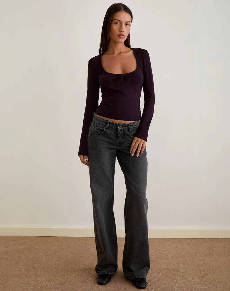 Aye Plunge Long Sleeve Top with Ruched Neck in Redwood - Image 4