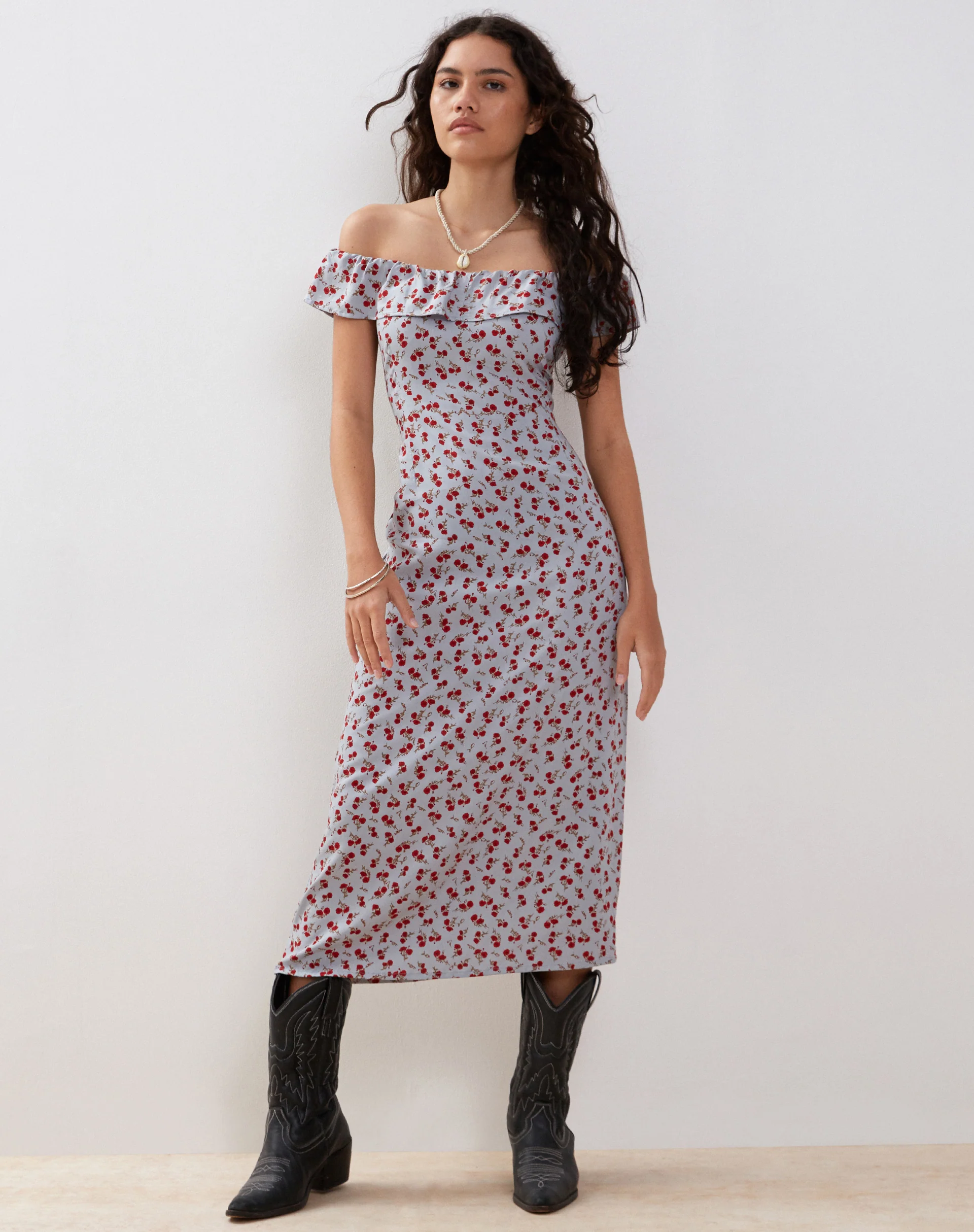 Ayudia Bardot Midi Dress in Blue Floral Ditsy - Image 2