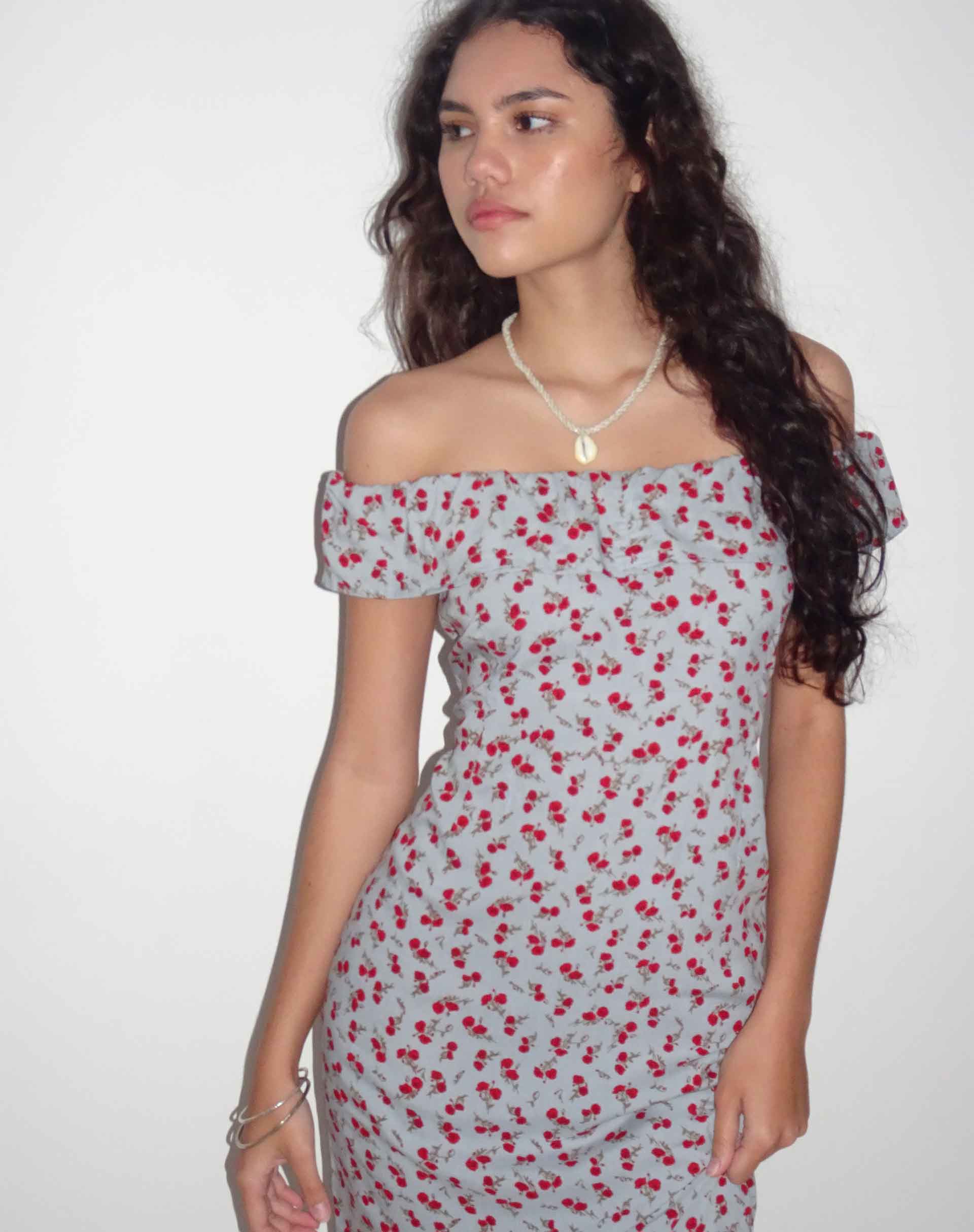 Ayudia Bardot Midi Dress in Blue Floral Ditsy - Image 3