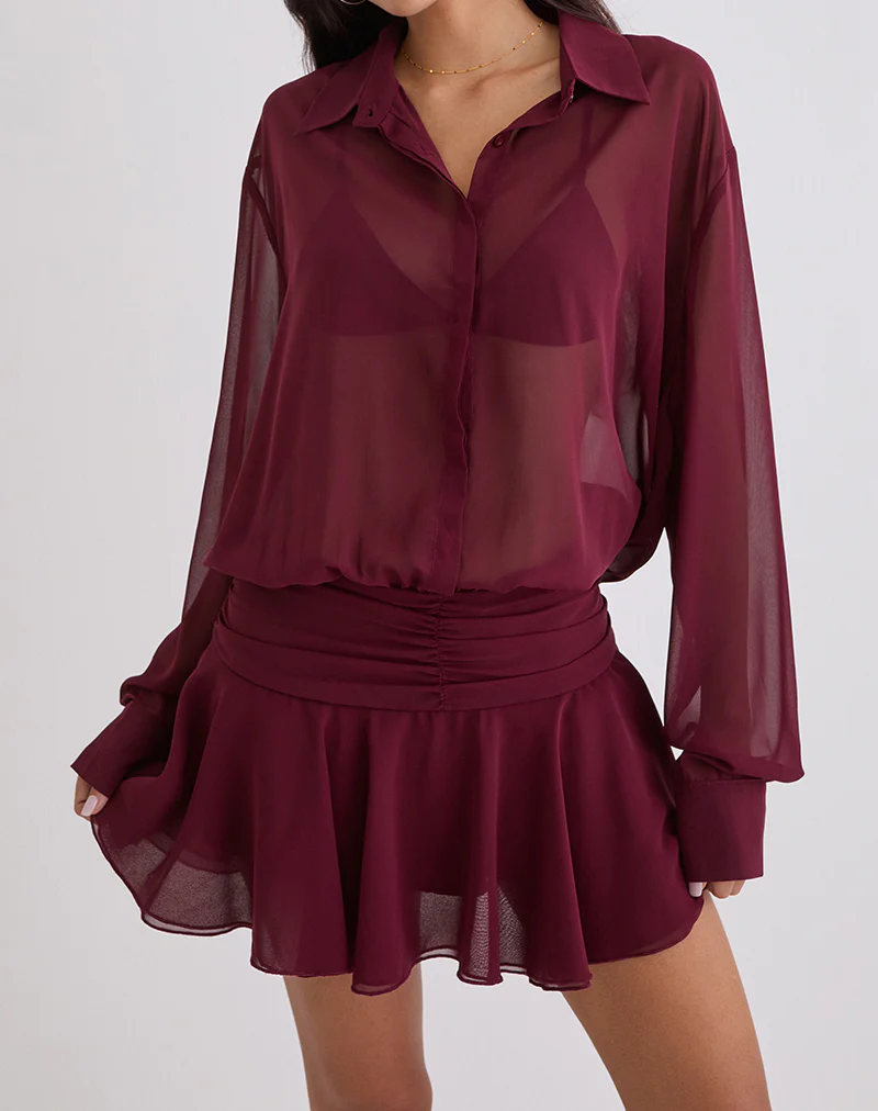 Azphira Long Sleeve Button Up Playsuit in Burgundy - Image 3