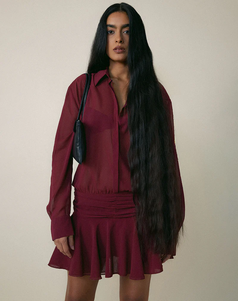 Azphira Long Sleeve Button Up Playsuit in Burgundy - Image 4