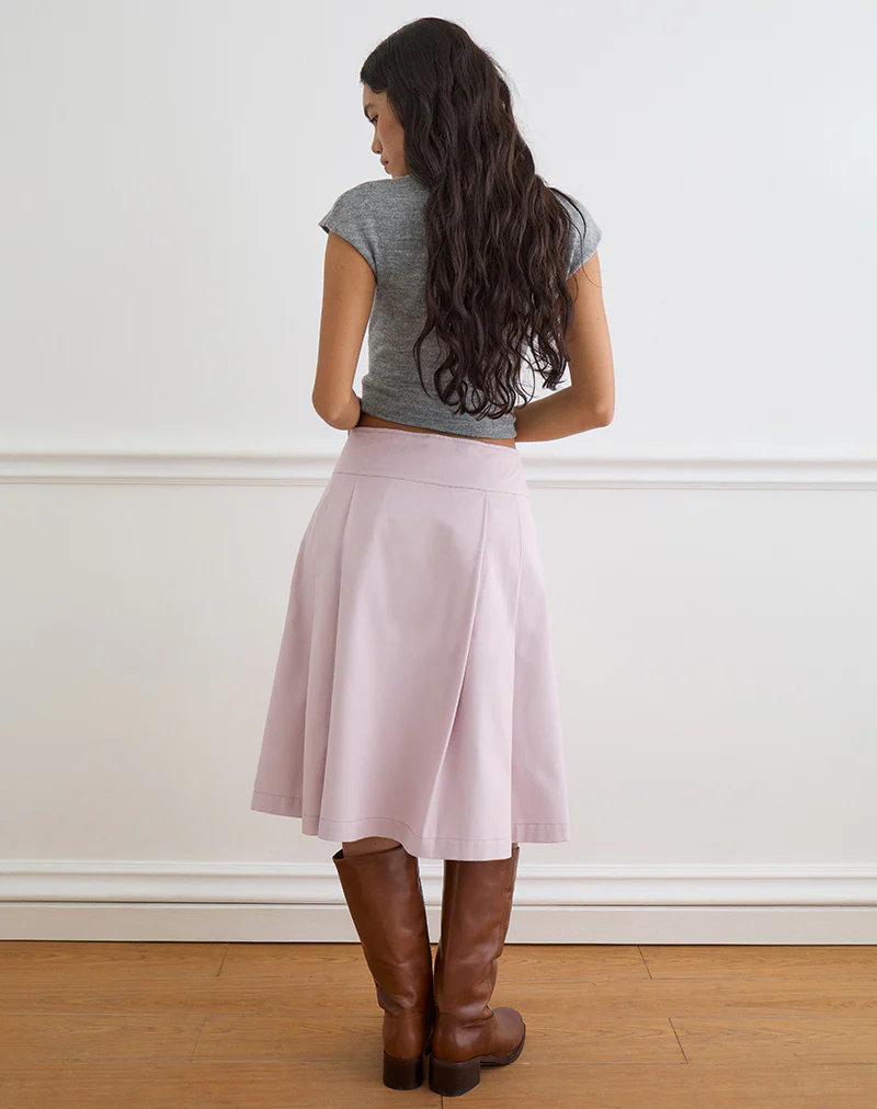 Babete Pleat Midi Skirt in Cotton Twill Soft Pink - Image 3