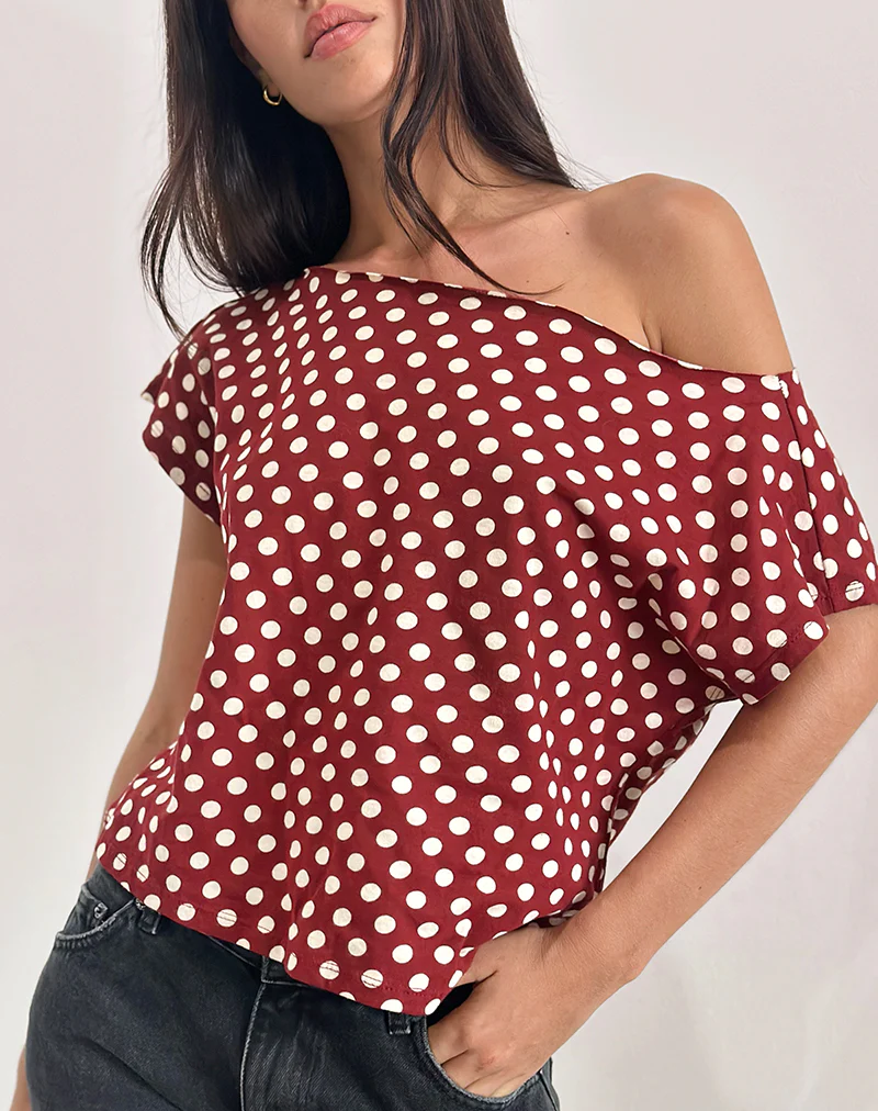 Balia Asymmetric Short Sleeve Top in Polka Wine - Image 3