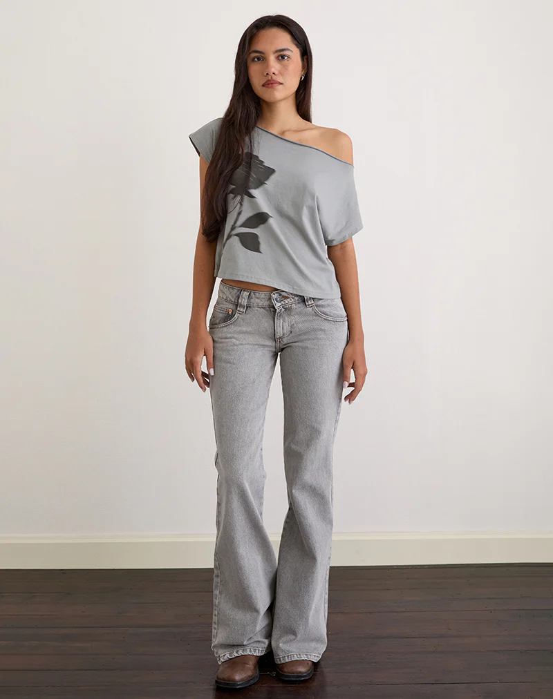 Balia Asymmetric Short Sleeve Basic Top in Grey with Blurred Rose Print - Image 3