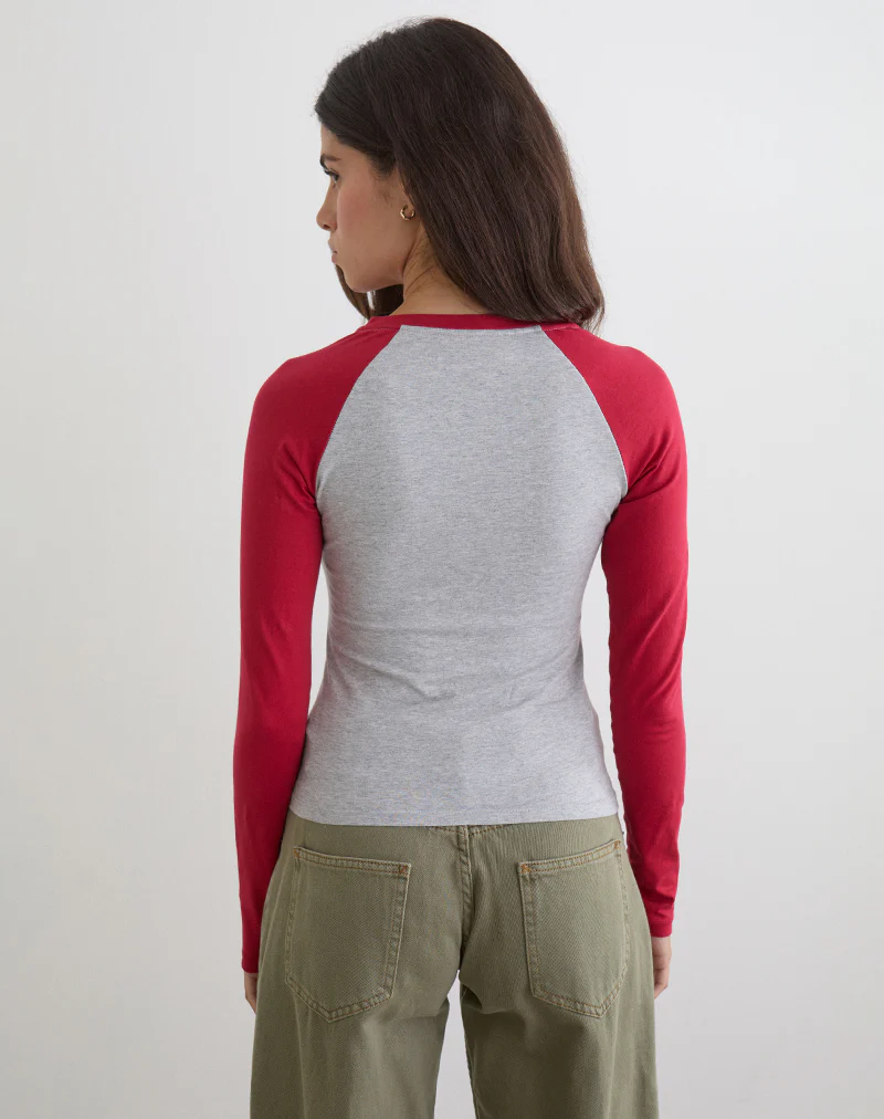 Balqis Long Sleeve Top in Grey Marl Adrenaline Red Combination - Image 4