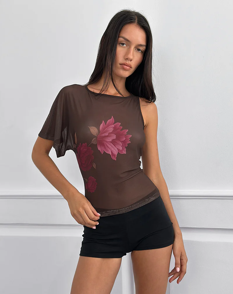Balsa One Shoulder Top in Brown with Pink Flower Print - Image 2