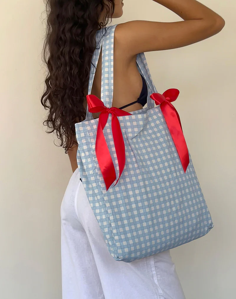 Barbara Tote Bag in Blue Gingham with Red Bow - Image 4