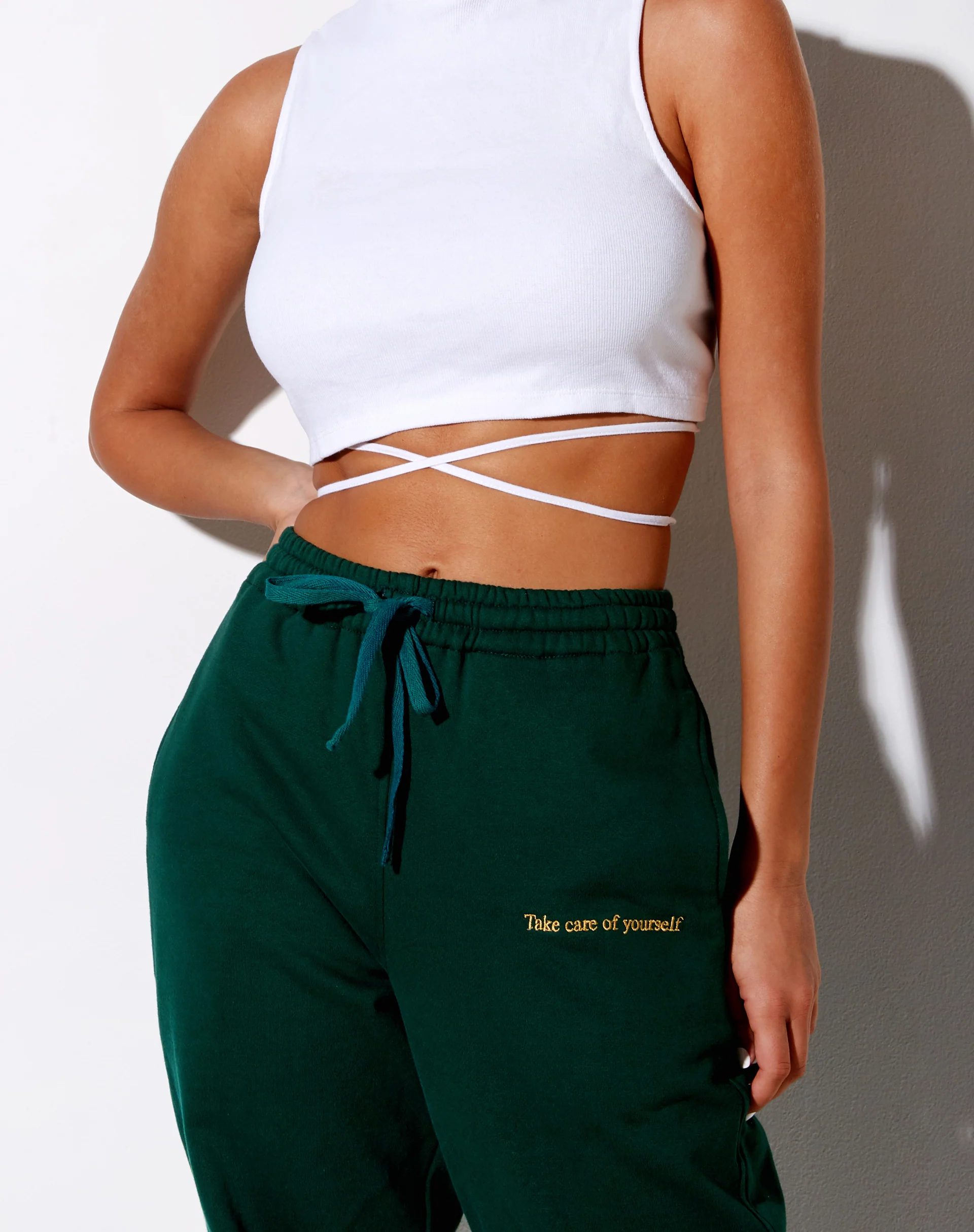 Basta Jogger in Bottle Green with 'Take Care Of Yourself' Embro - Image 5