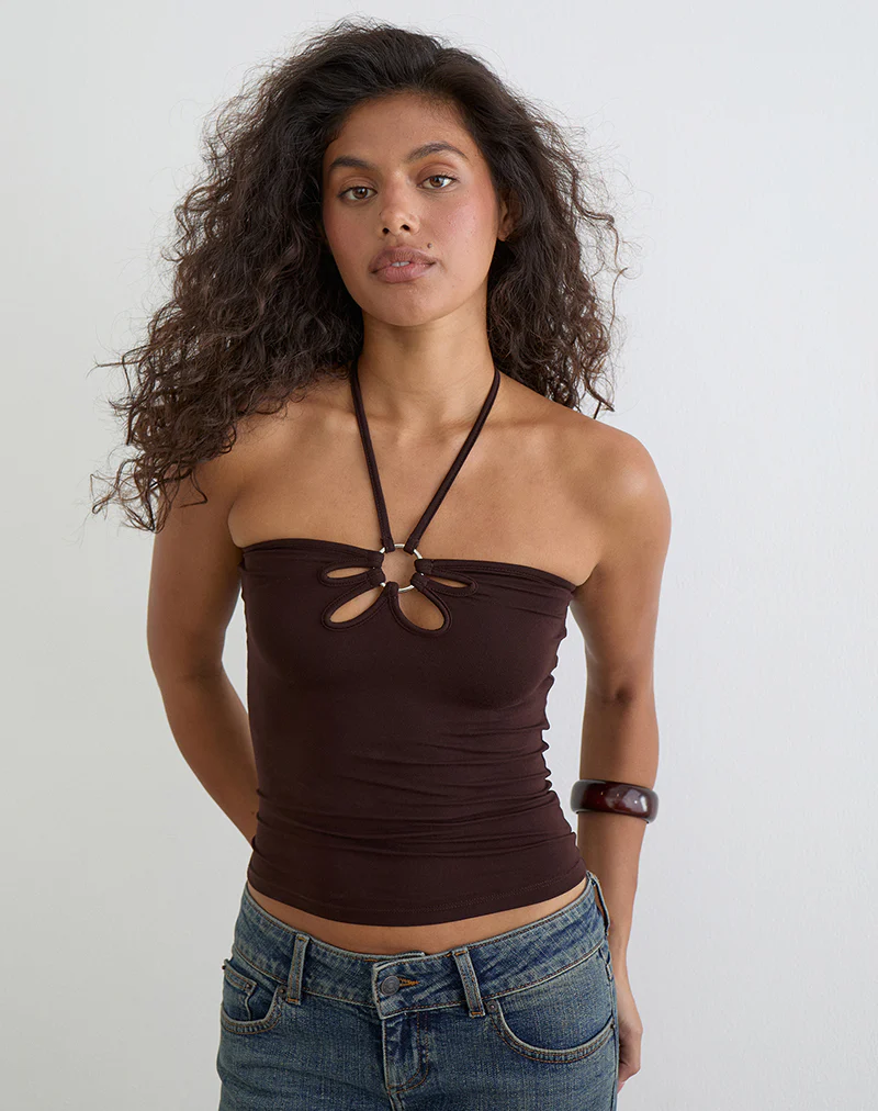 Baya Halterneck Top with Flower Ring in Bitter Chocolate - Image 4