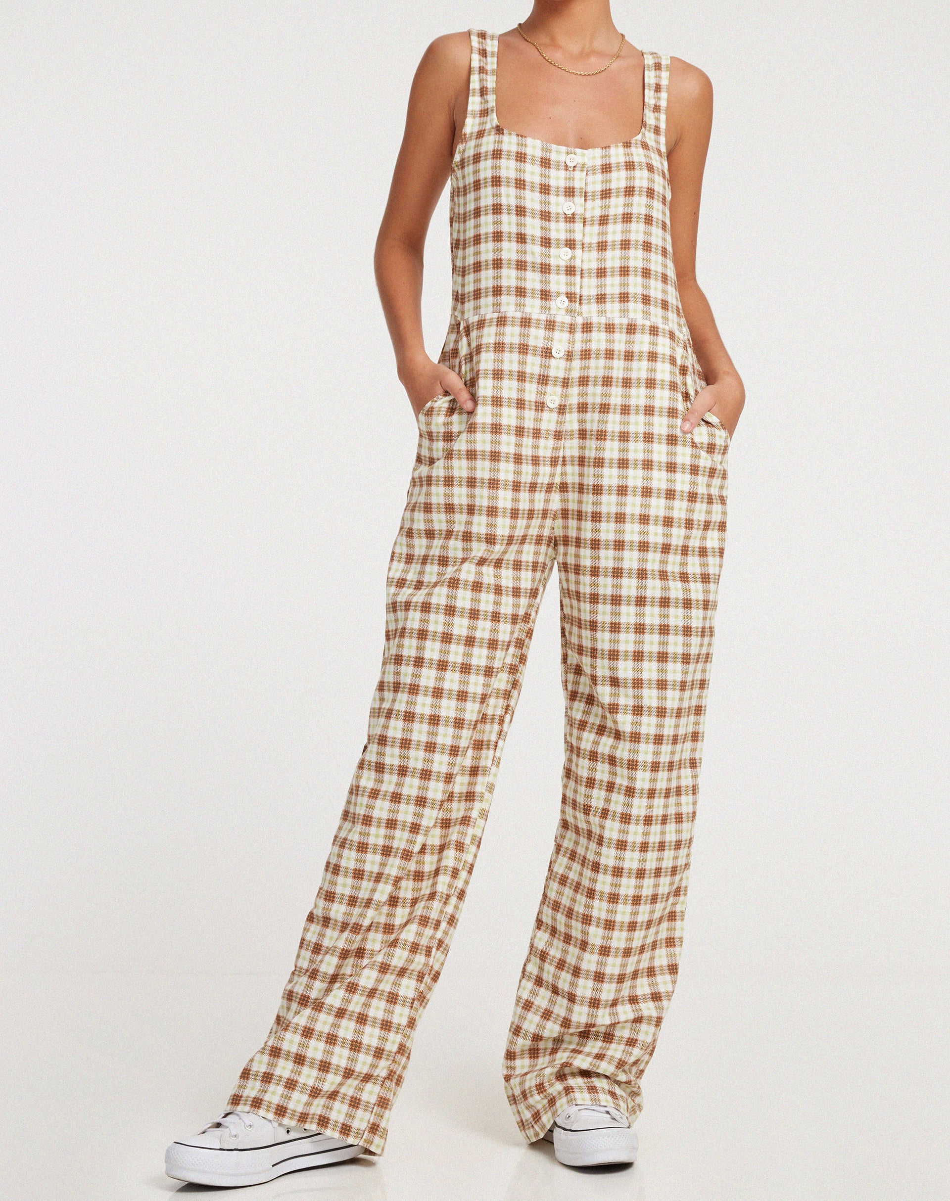 Beatrix Jumpsuit in Yellow Brown Check - Image 3