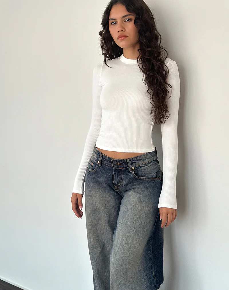 Beech Ribbed Long Sleeve Top in Off White - Image 4