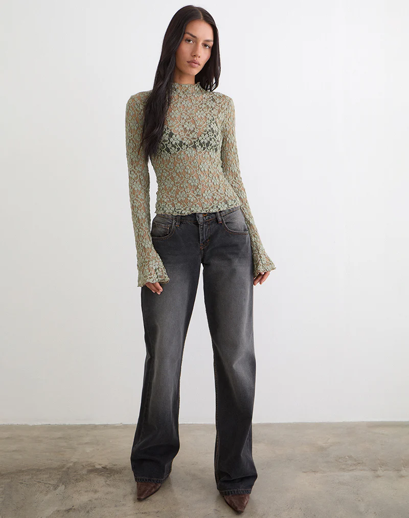 Beerus Long Sleeve Mock Neck Top in Lace Sage Green - Image 2