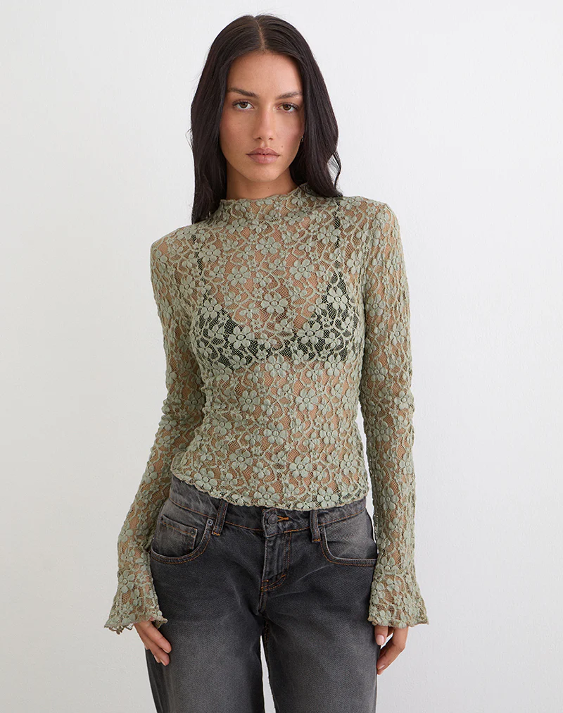 Beerus Long Sleeve Mock Neck Top in Lace Sage Green - Image 3