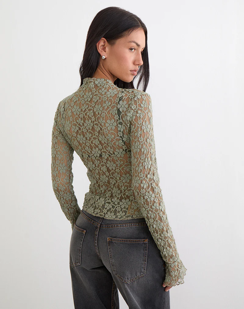 Beerus Long Sleeve Mock Neck Top in Lace Sage Green - Image 4