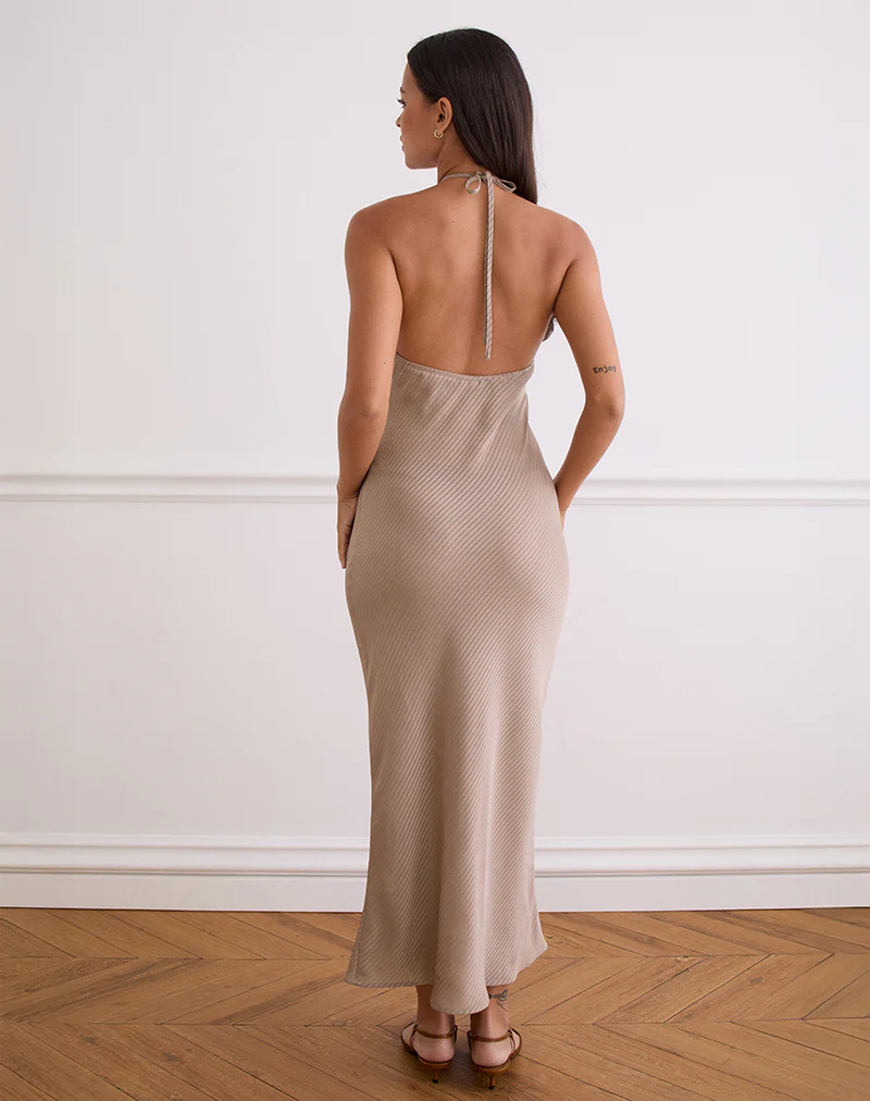 Belara Maxi Dress in Satin Stripe Taupe - Image 3